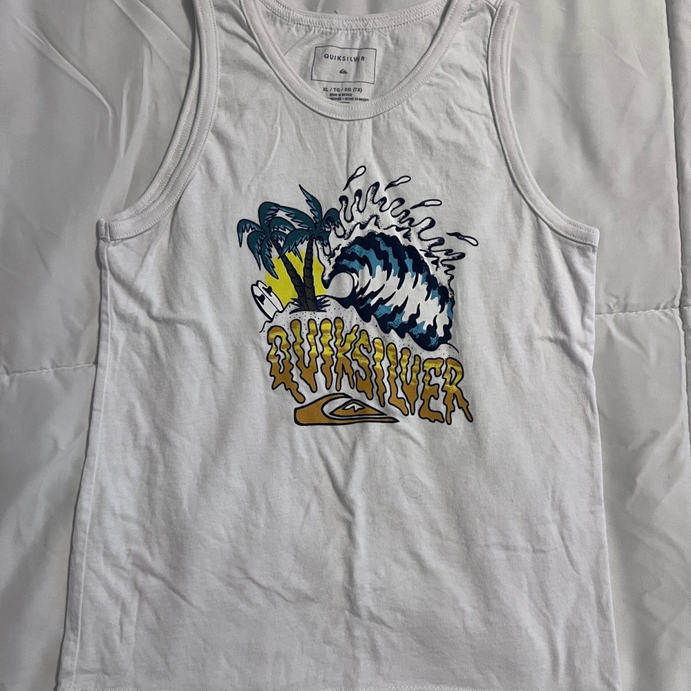Quiksilver White Tank with Blue and Yellow Graphic